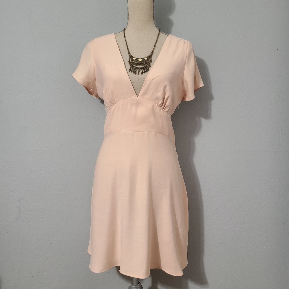 Zara Pink Peach Mini Dress V-Neck Short Sleeve Smocked XS